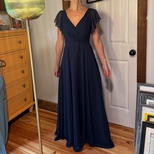 David's Bridal Blue Flutter Sleeve Maxi Gown